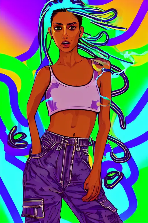 Image similar to a award winning half body portrait of a beautiful woman with stunning eyes in a croptop and cargo pants with smoke for hair in rainbow colors, outlined by whirling illuminated neon lines, outrun, vaporware, shaded flat illustration, digital art, trending on artstation, highly detailed, fine detail, intricate