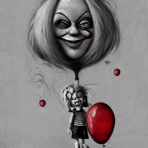 Prompt: surrealism grunge cartoon portrait sketch of a dream with a wide smile and a red balloon by - michael karcz, loony toons style, pennywise style, chucky style, horror theme, detailed, elegant, intricate