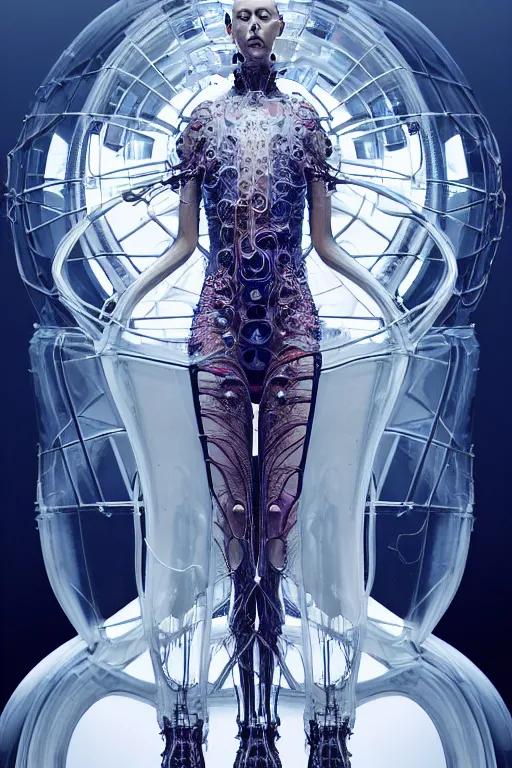 Prompt: background space station, baroque dress iris van herpen positing on floor, perfect symmetrical, full body shot, helmet on face, inflateble shapes, wires, tubes, veins, jellyfish, white biomechanical details, wearing epic bionic implants, masterpiece, intricate, biopunk, vogue, highly detailed, artstation, concept art, cyberpunk