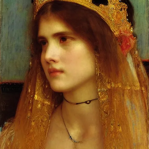 Prompt: orientalist portrait of a crying princess wearing a golden tiara intricate portrait by john william waterhouse Edwin Longsden Long and Theodore Ralli and Henryk Siemiradzki, very coherent symmetrical artwork. Cinematic, hyper realism, high detail 8k