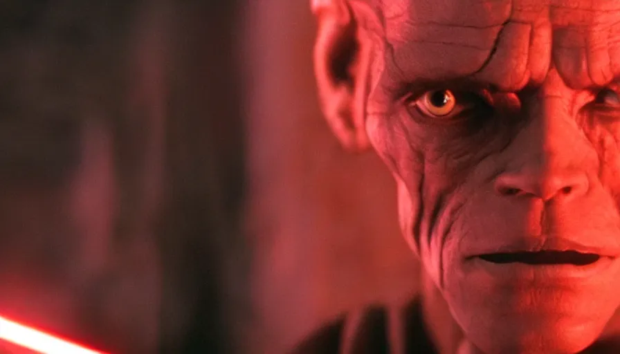 Image similar to young Willem Dafoe as a Sith Lord, cinematic lighting, close-up, cinematography