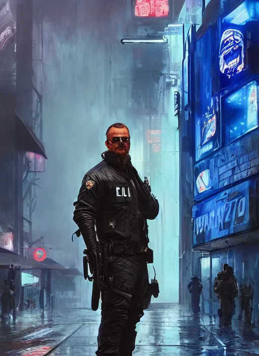 Image similar to Modern Teddy Roosevelt. Cyberpunk cop in tactical gear. plastic raincoat. blade runner 2049 concept painting. Epic painting by James Gurney, Azamat Khairov, and Alphonso Mucha. ArtstationHQ. painting with Vivid color. (rb6s, Cyberpunk 2077)