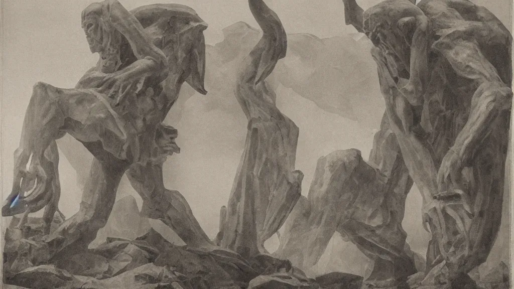 Image similar to a medieval chiaroscuro lithograph of a colossal sculpture by kurt seligmann and edward steichen, enormous creatures augment my desire coming out of a fog