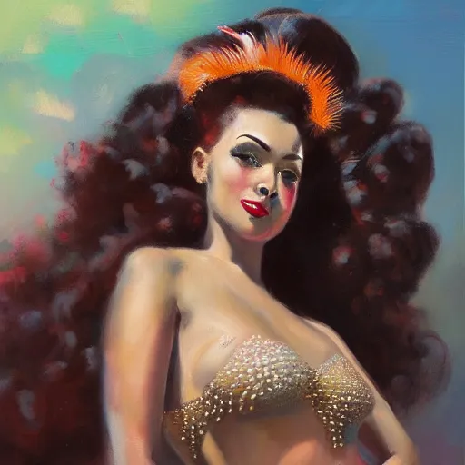 Prompt: caribbean showgirl, big hair, feathers, 1 9 4 0 s, oil painting, pale colors, high detail, 8 k, wide angle, trending on artstation