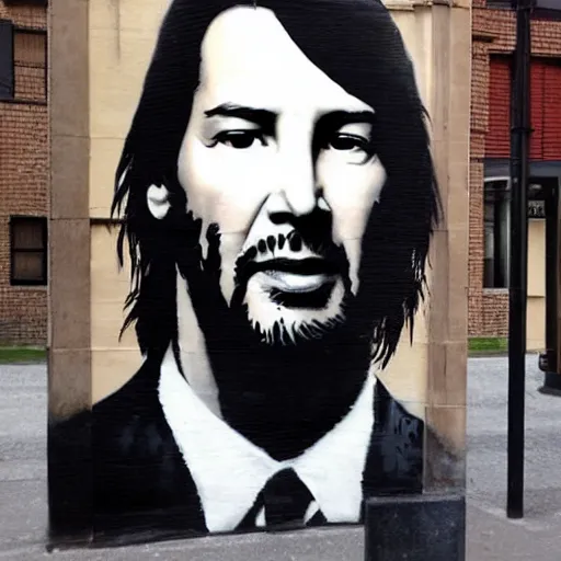 Image similar to Street-art portrait of Keanu Reeves in style of Banksy, photorealism