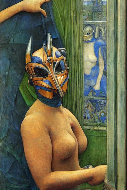 Image similar to the queen in her robot mask stands by the window, by Annie Swynnerton and Diego Rivera and Elihu Vedder, symbolist, dramatic lighting, night time, elaborate geometric ornament, Art Brut, soft blues and greens,smooth, sharp focus, extremely detailed, Adolf Wölfli and (Evelyn De Morgan)