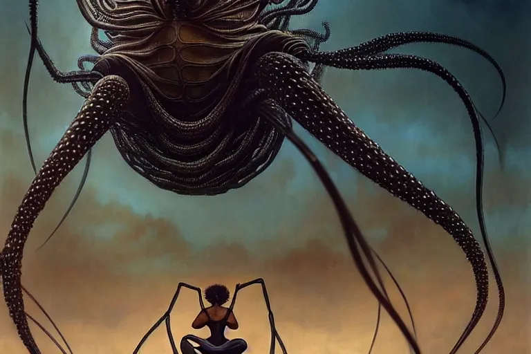 Image similar to realistic detailed portrait movie shot of a beautiful black woman riding a giant spider, dystopian city landscape background by denis villeneuve, amano, yves tanguy, alphonse mucha, max ernst, kehinde wiley, jean delville, david lynch, roger dean, cyber necklace, rich moody colours, sci fi patterns, dramatic, wide angle