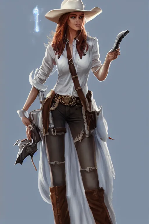 Image similar to full body, katherine mcnamara cowgirl, perfect face, white blouse, holster, 8 k, magic the gathering, desert, d & d, artstation, high detail, smooth, sweaty character concepts by senior concept artist