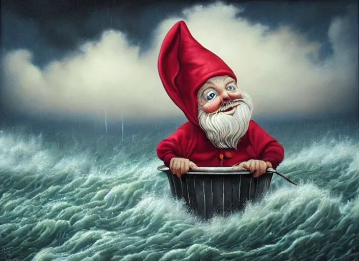 Image similar to a terrified garden gnome sailing in a bucket, background of raging ocean on a stormy day with dramatic clouds, an ultrafine detailed painting by mark ryden, trending on deviantart, pop surrealism, whimsical, lowbrow, rainy, perfect symmetrical face