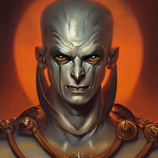 Prompt: ( ( ( head and shoulders portrait of a gaunt noseless yellow - skinned bald githyanki warrior in a breastplate ) ) ), greg rutkowski, frank frazetta, alexandre chaudret, boris vallejo, michael whelan, miro petrov, hr giger, magali villeneuve, donato giancola, d & d, fantasy, medieval