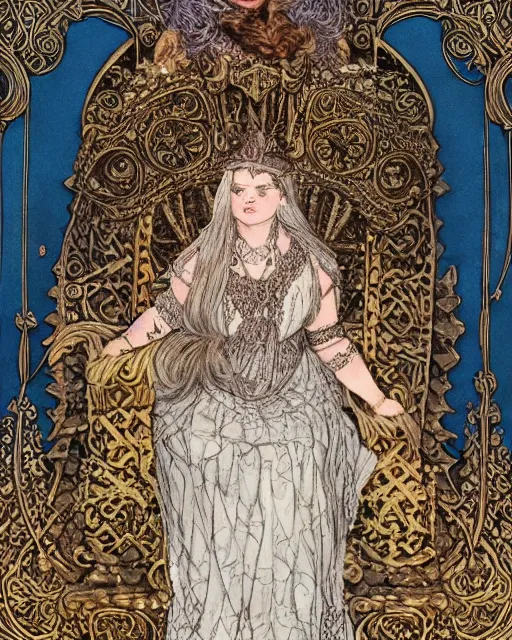 Prompt: a very beautiful and authoritative dwarven queen on her throne, chubby stocky plump, very intricate braided hair, royal brocade dress, by arthur rackham, ed binkley, gemstones and gold, 4 k, soft lighting, vibrant, sharp focus, detailed, realistic