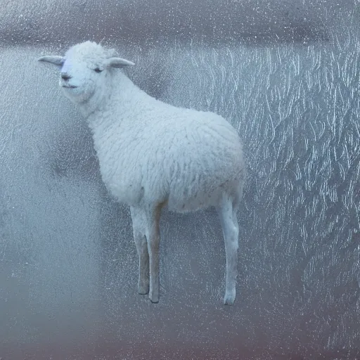 Image similar to a beautiful closeup photo of a frost patterns on a window as a painting of a sheep, hyper realistic, hyper detailed, octane render, raytracing, frost on a window