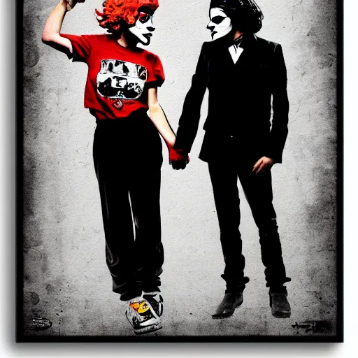 Image similar to mimmo rottela and banksy as joaquin phoenix skinny joker holding hand lady gaga harley queen, extreme photorealistic, intricate details, pop art style, concept art, details object, random object movement, 3 colors, 4 k, 4 d, smooth, sharp focus