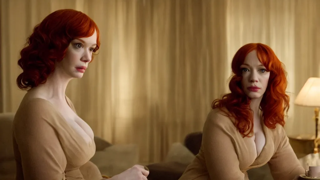 Image similar to Christina Hendricks in the living room, film still from the movie directed by Denis Villeneuve with art direction by Salvador Dalí, wide lens