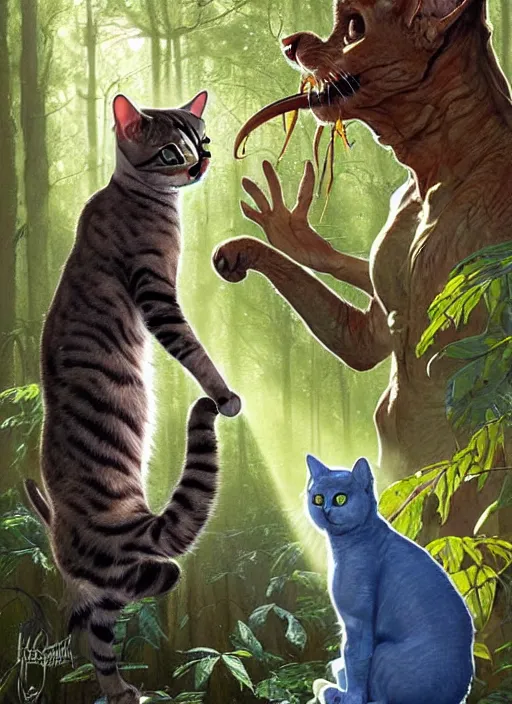 Prompt: a hyper realistic cat meeting an alien. and sunbeams blue sky, lush forest foliage painting by chiara bautista and norman rockwell and greg rutkowski weta studio, and lucasfilm