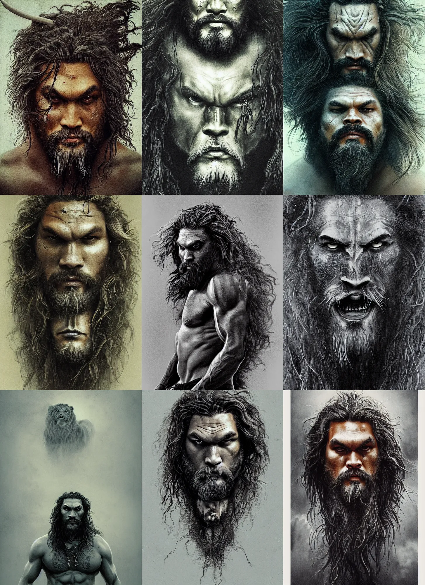 Prompt: jason momoa half lion, intricate, highly detailed, artstation, sharp focus, illustration, rutkowski, beksinski, barlowe