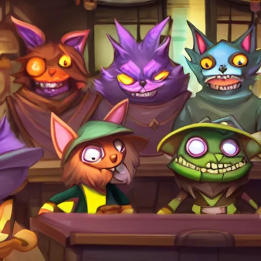 Image similar to yordles from TFT hanging out with his best friends at the bar