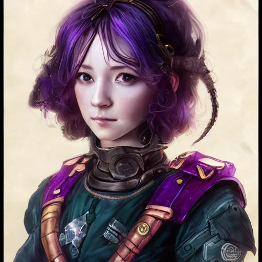 Prompt: portrait of a female halfling sorcerer by ayami kojima, she is about 2 0 years old, purple hair, leadership vibes, she is wearing a modern tactical gear, scifi, highly detailed portrait, digital painting, artstation, concept art, smooth, sharp foccus ilustration, artstation hq