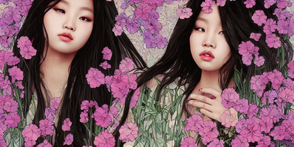 Image similar to a portrait of a very seductive Jennie Kim Blackpink, hair full of flowers, photoillustration, realistic, closeup, facing the camera, dramatic lighting, in the style of WLOP and Alphonse Mucha and Kim Deuk-sin