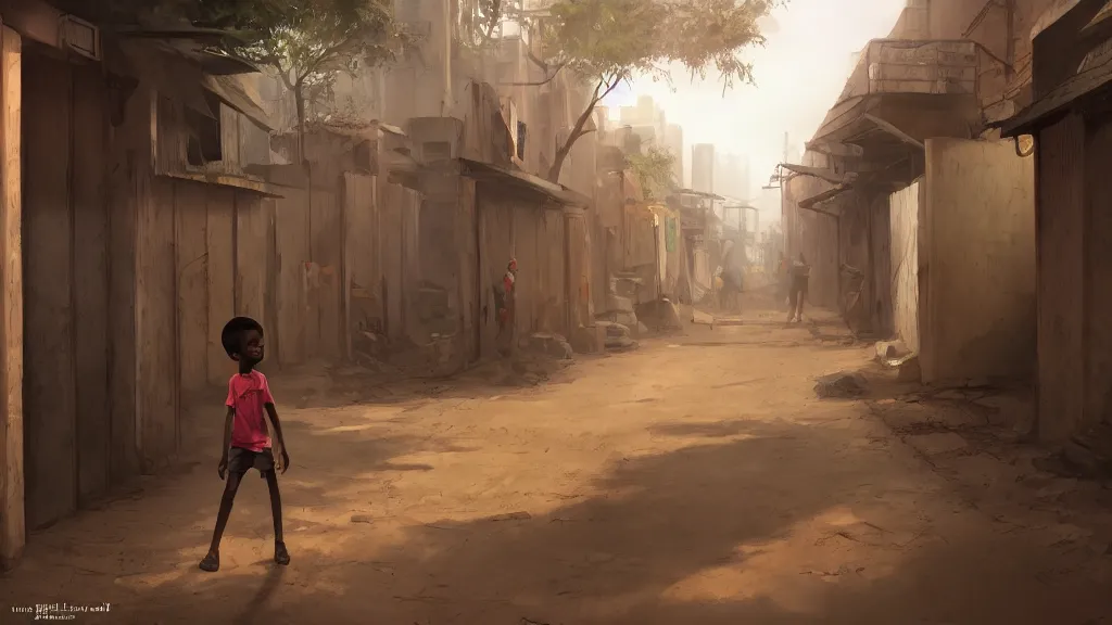 Image similar to alley in a big african city, a lonely kid, summer, david febland, artstation, matte painting