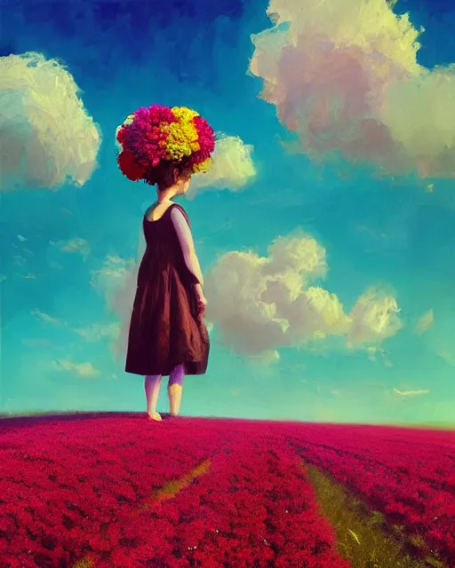 Image similar to girl with a giant carnation head, surreal photography, flower field, sunset dramatic light, impressionist painting, colorful clouds, blue sky, digital painting, artstation, simon stalenhag