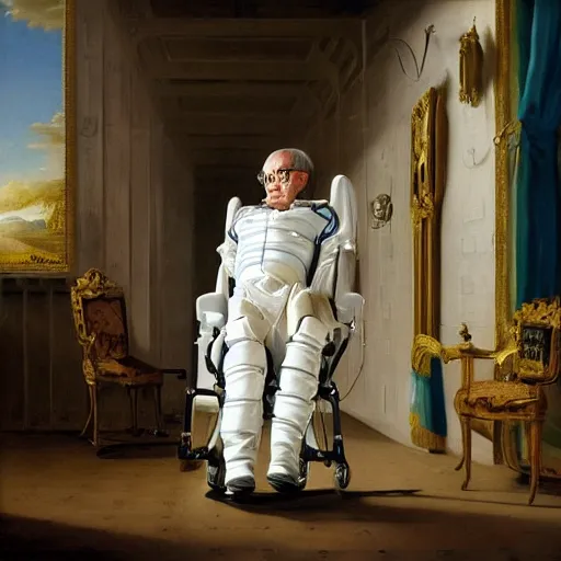 Prompt: walking down the catwalk, stephen hawking in an exoskeleton suit, sci - fi painting by pieter claesz and james c. christensen