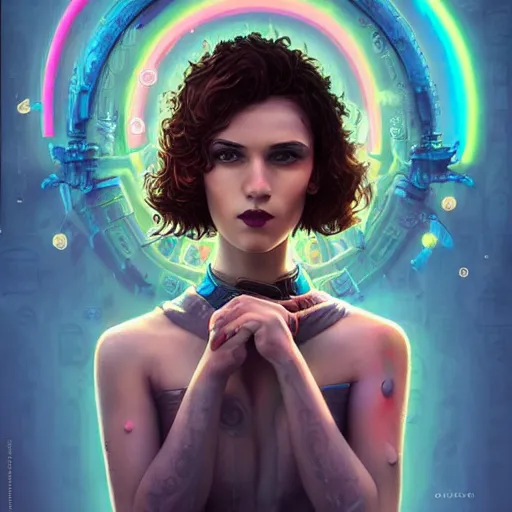 Image similar to Lofi cyberpunk portrait beautiful woman with short brown curly hair, roman face, Romanesque, unicorn, rainbow, floral, Pixar style, Tristan Eaton, Stanley Artgerm, Tom Bagshaw