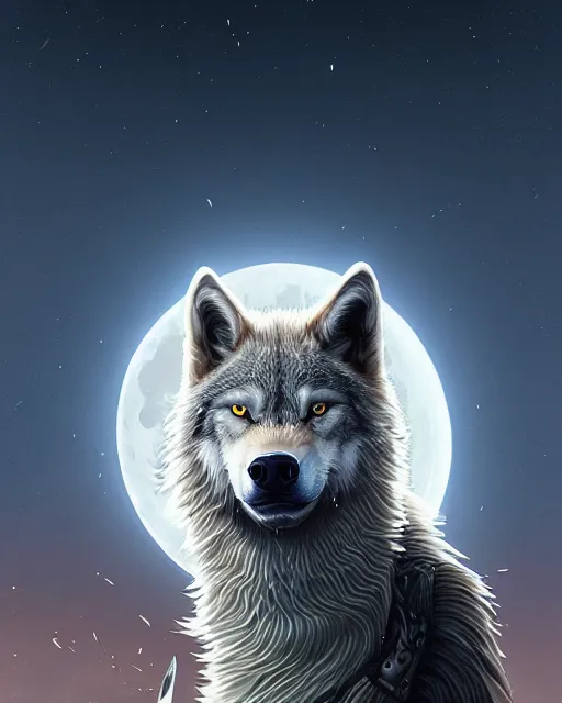 Image similar to highly detailed surreal vfx portrait of a samurai wolf in front of a full moon, stephen bliss, unreal engine, greg rutkowski, loish, rhads, beeple, makoto shinkai and lois van baarle, ilya kuvshinov, rossdraws, tom bagshaw, alphonse mucha, global illumination, detailed and intricate environment