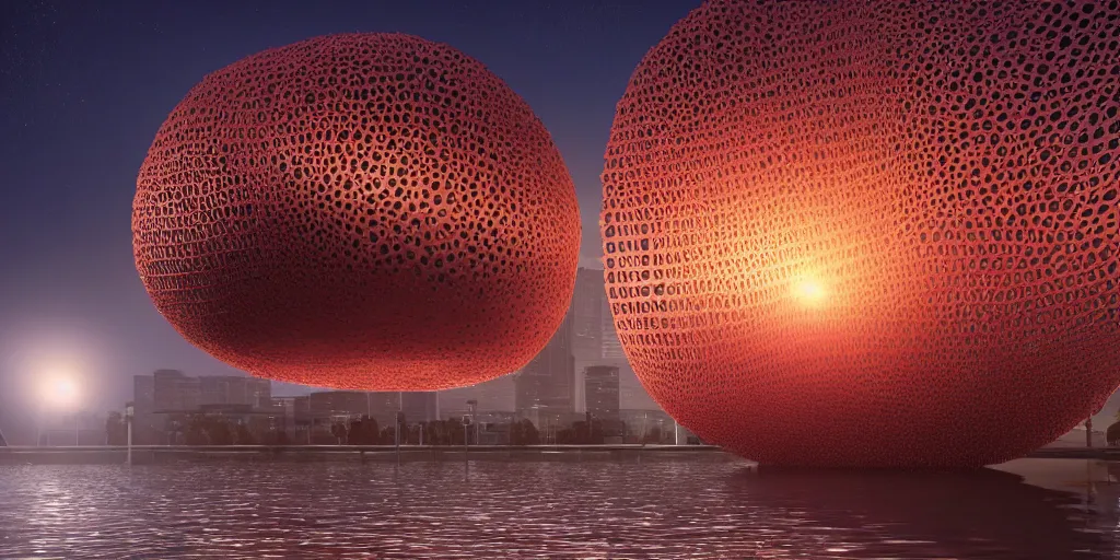 Prompt: An epic architectural rendering of a blob shaped trypophobia house with a mysterious red glow emitting from inside in a modern cityscape next to a river, stunning, gorgeous, golden ratio, photorealistic, featured on artstation, 4k resolution