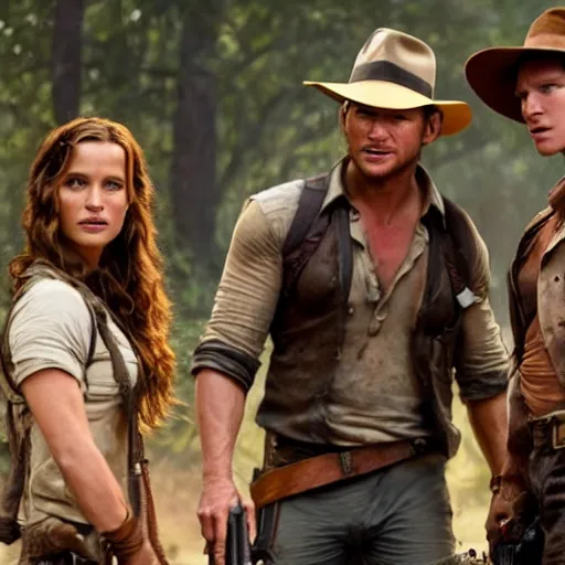Image similar to still from the movie with Indiana Jones (played by chris pratt), Lara Croft (played by Alicia Vikander) and Nathan Drake (played by tom holland), award-winning cinematography, 4k