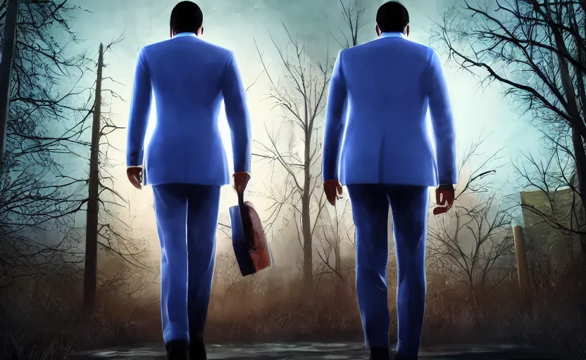 Prompt: cinematic view from behind a dead by daylight killer lawyer wearing a blue business suit, character portrait, digital art