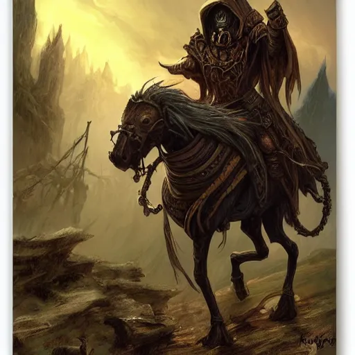 Image similar to a necromancer hooded rat riding a horse, doom, horror scenery, by Keith Thompson