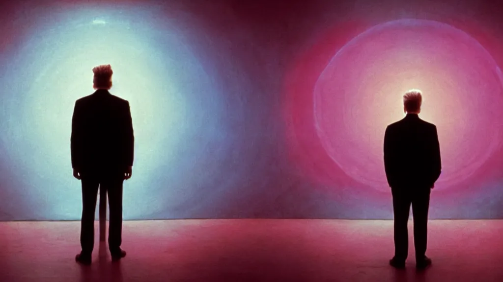 Image similar to movie scene of a man standing in front of a multiverse machine, movie still, cinematic composition, cinematic light, pastel color scheme, by David Lynch