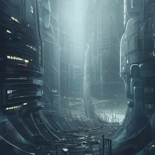 Image similar to futuristic dystopian totalitarian regime concrete megacity, depressing, artstation