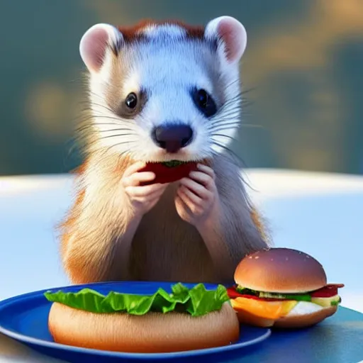 Prompt: a cute ferret eating a hamburger, realistic 3 d render, cute, 8 k