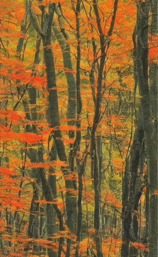Prompt: by akio watanabe, manga art, maple forest, fall season, trading card front