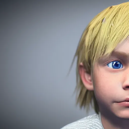 Image similar to a detailed portrait of boy with blonde hair and blue eyes, unreal engine 5 rendered, incredibly highly detailed and realistic, 8 k, sharp focus, studio quality