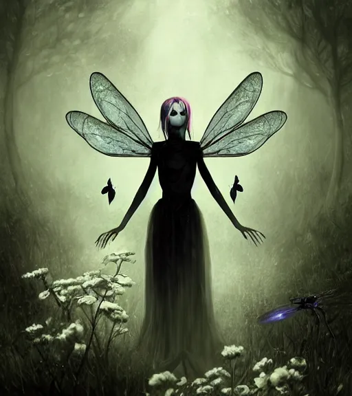 Image similar to gothic fairy with dragonfly wings, digital painting, liminal eerie midnight backlit, a picture taken by Michael Komarck and Daniel Ljunggren