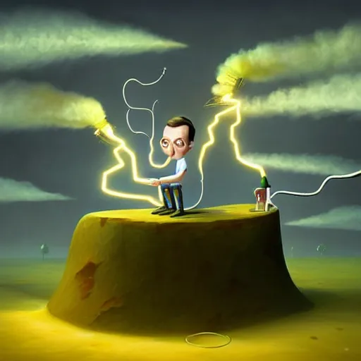 Image similar to Sheldon cooper failed experiment Funny cartoonish, sheldon cooper mad scientist cartoonish, lightnings and smoke, by Gediminas Pranckevicius H 704