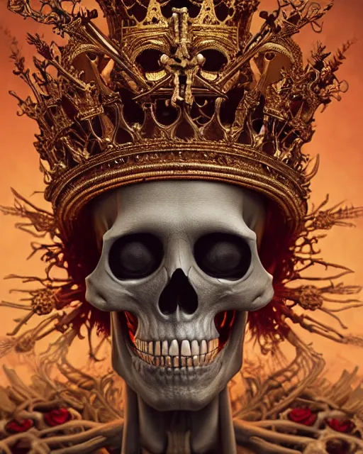 Image similar to highly detailed surreal vfx portrait of a sacred skeleton king with golden crown with rubies, stephen bliss, unreal engine, greg rutkowski, loish, rhads, beeple, makoto shinkai and lois van baarle, ilya kuvshinov, rossdraws, tom bagshaw, alphonse mucha, global illumination, detailed and intricate environment