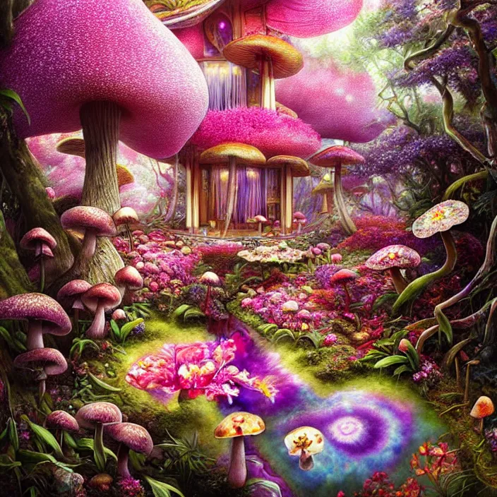 Image similar to extremely psychedelic home made of orchid and cherry blossom tree and mushroom, LSD, diffuse lighting, fantasy, intricate, elegant, highly detailed, lifelike, photorealistic, digital painting, artstation, illustration, concept art, smooth, sharp focus, art by John Collier and Albert Aublet and Krenz Cushart and Artem Demura and Alphonse Mucha