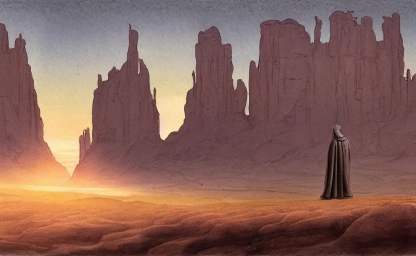Prompt: a hyperrealist watercolor concept art of a medieval monk in grey robes in monument valley looking at a sunset through a dimensional portal to an alien world. very muted colors, by rebecca guay, michael kaluta, charles vess. high detail, hq, wide shot, 4 k