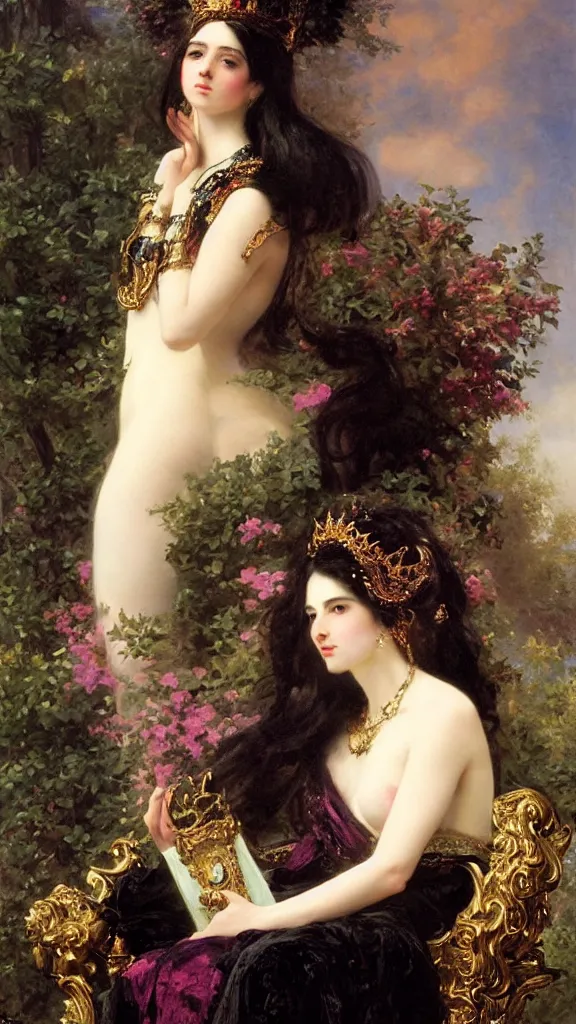 Image similar to a beautiful black haired woman with pale skin and a crown on her head sitted on an intricate metal throne by franz xaver winterhalter and delphin enjolras and rebecca guay