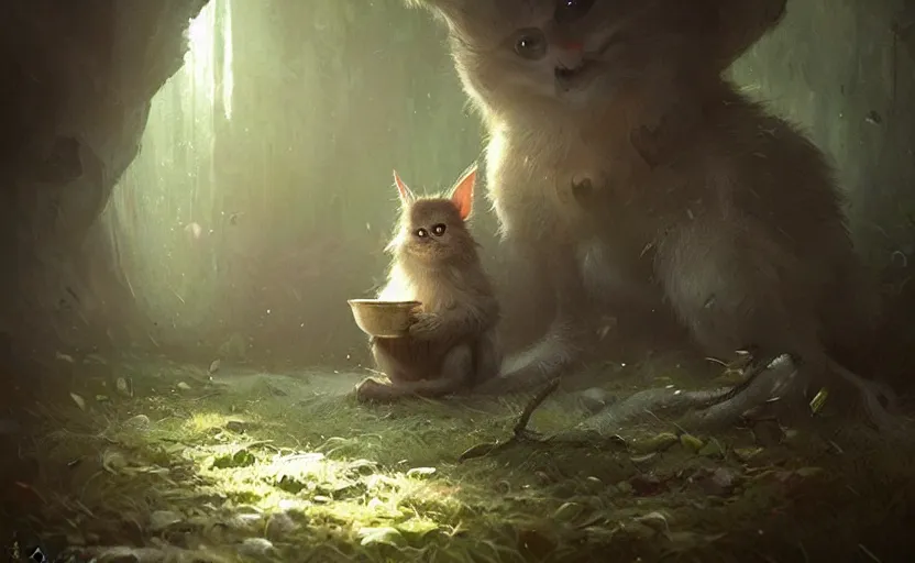 Image similar to a beautiful photo of cute little creature with big eyes, hyper realistic, natural light, concept art, by greg rutkowski, cozy atmospheric and cinematic lighting