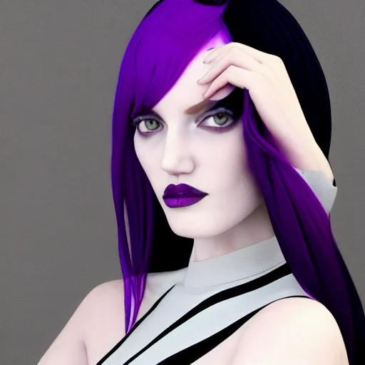 Image similar to comforting portrait of a pale curvy goth woman with elegant multilayered black-purple-grey tight leather high-neck striped dress, photorealistic, sublime, 16k, smooth, sharp focus, cgsociety, trending on ArtStation, volumetric lighting