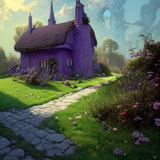 Prompt: hyper realistic homely ornate modern witch cottage distant down a path in the purple swamp gorgeous lighting, blue sky, fantasy, by zdzisław beksinski and norman rockwell and greg rutkowskiweta studio, and lucasfilm