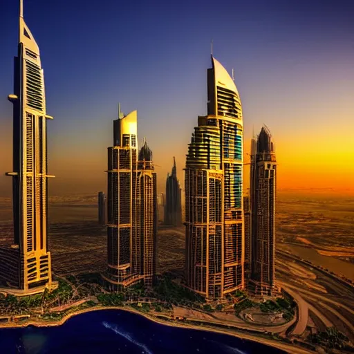 Image similar to dubai, landscape, skyline, vivid, masterpiece, green sun, sunset