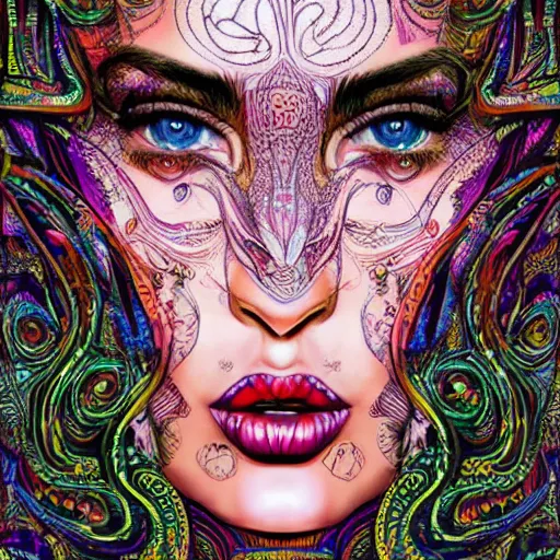 Image similar to an extremely psychedelic portrait of megan fox, surreal, lsd, face, detailed, intricate, elegant, lithe, highly detailed, digital oth, sharp focus, illustration,