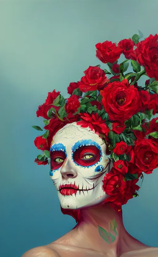 Image similar to a red oil painting hyperrealism of a beautiful woman on a white background, flowers, dia de los muertos makeup, floral headdress, 8 k resolution, octane render, trending on artstation, by gediminas pranckevicius, volumetric light 2 blue fractal thunder glow by dan mumford, anaglyph effect, laurie lipton