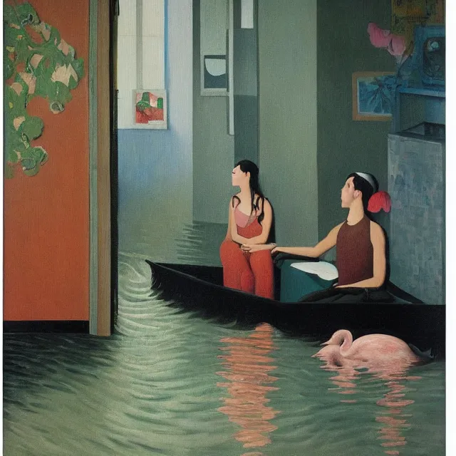 Prompt: tall emo artist in her flooded apartment, painting of flood waters inside an artist's home, a river flooding indoors, pomegranates, pigs, ikebana, zen, water, octopus, river, rapids, waterfall, black swans, canoe, berries, acrylic on canvas, surrealist, by magritte and monet